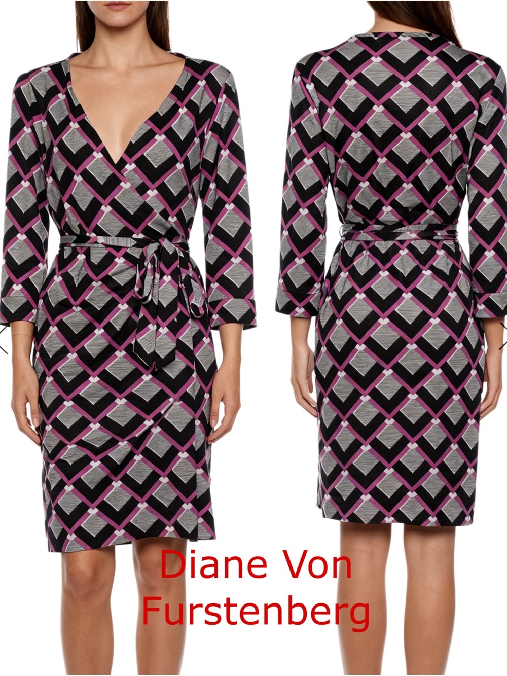 Diane Von Furstenberg Black, Pink & Gray Geometric Wrap Silk Dress